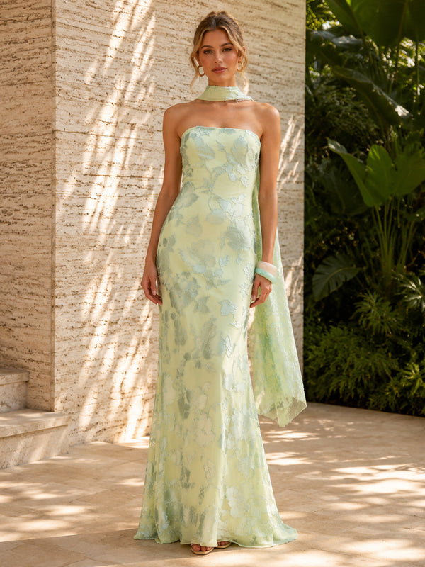 Chiffon Mermaid Strapless Simple Corset Formal Dresses with Scarf
