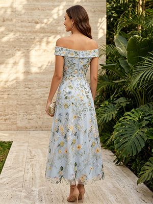 Tulle A Line Off the Shoulder Floral Embroidery High Waist Formal Dresses for Women