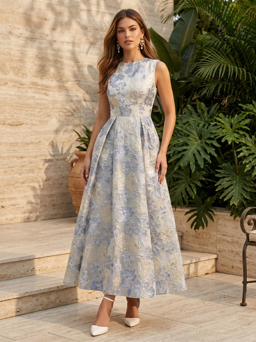 Jacquard A Line Scoop Neck Ruched High Waist Formal Dresses for Women