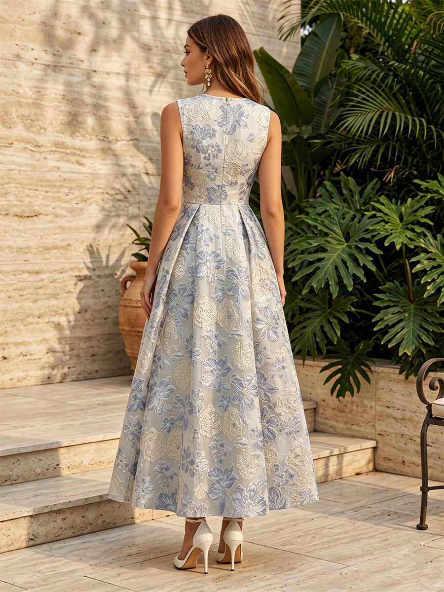 Jacquard A Line Scoop Neck Ruched High Waist Formal Dresses for Women