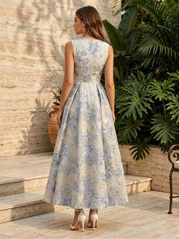 Jacquard A Line Scoop Neck Ruched High Waist Formal Dresses for Women