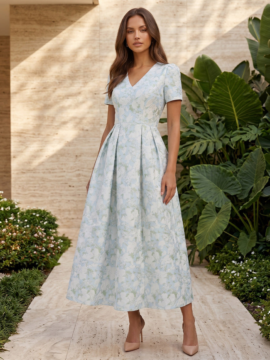 Jacquard A Line V Neck Corset Ruched Formal Dresses for Women
