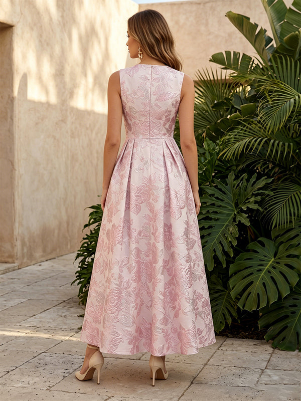 Jacquard A Line Scoop Neck Ruched Corset Formal Dresses with Pockets