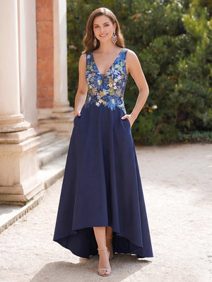 Satin A Line V Neck Corset Floral Formal Dresses with Pockets