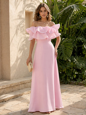 Stretch Mesh A Line Off the Shoulder Ruffles Ruched Formal Dresses