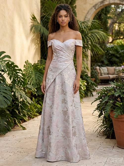 Jacquard A Line Off the Shoulder Ruched Corset Formal Dresses