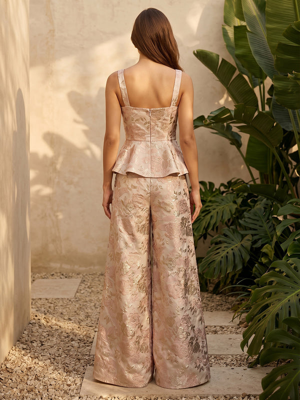 Jacquard A Line Square Neck Ruffles Corset Formal Pantsuits