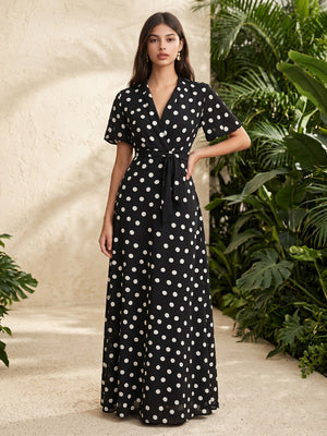 Chiffon A Line V Neck Polka Dot Corset Formal Dresses for Women
