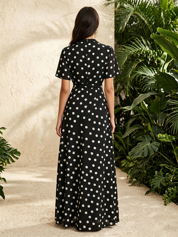 Chiffon A Line V Neck Polka Dot Corset Formal Dresses for Women