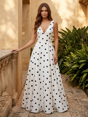 Satin A Line V Neck Polka Dot Ruched Formal Dresses for Women