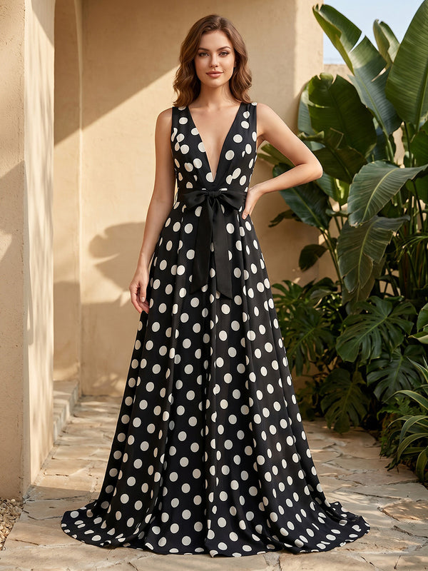 Satin A Line V Neck Ruched Polka Dot Formal Dresses with Bow