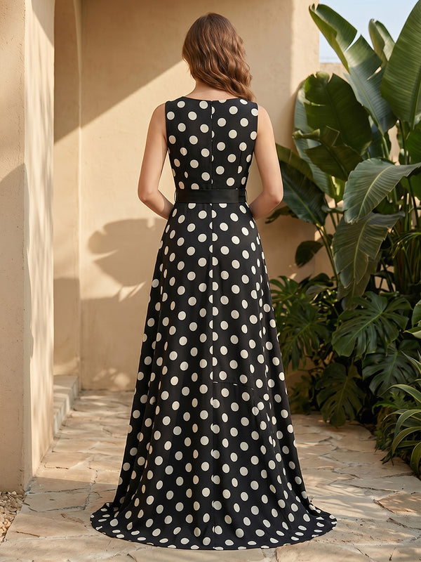 Satin A Line V Neck Ruched Polka Dot Formal Dresses with Bow