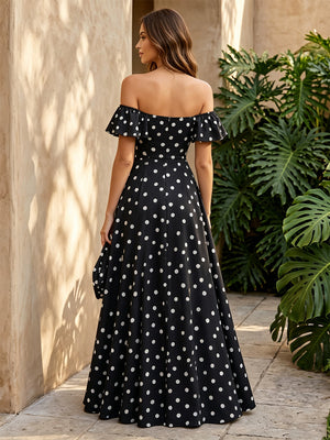 Satin A Line Off the Shoulder Corset Polka Dot Formal Dresses