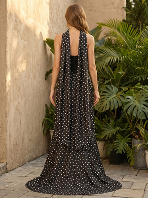 Chiffon A Line Strapless Corset Polka Dot Formal Dresses with Scarf