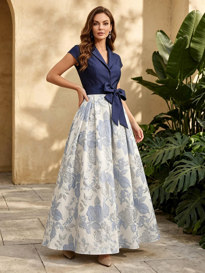 Jacquard A Line V Neck Ruched Bow Evening Dresses for Women