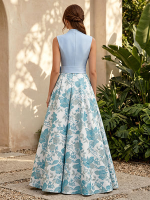 Jacquard A Line V Neck Corset High Waist Formal Dresses with Bow