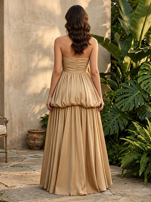 Stretch Mesh A Line Strapless Layered Pleats Formal Dresses