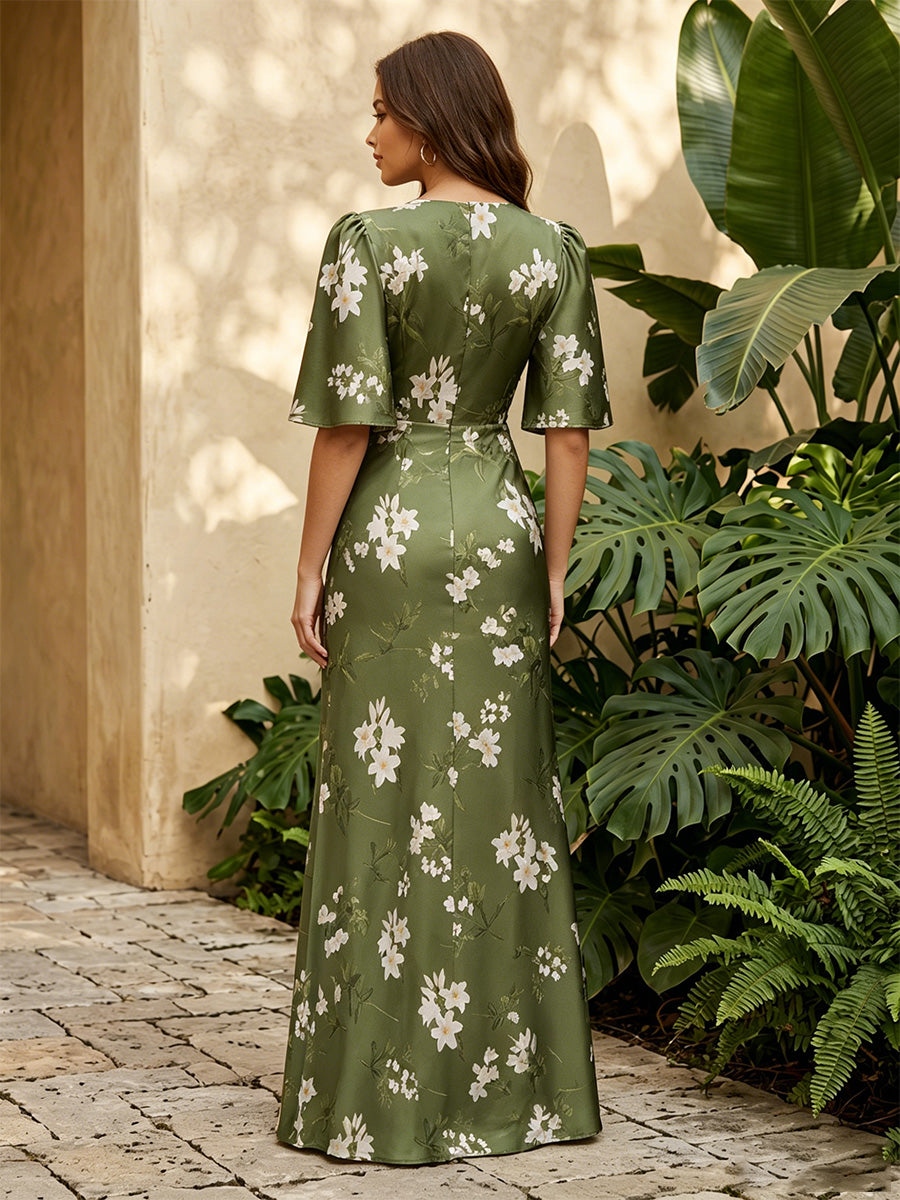 Satin A Line V Neck Floral Print Corset Formal Dresses for Women