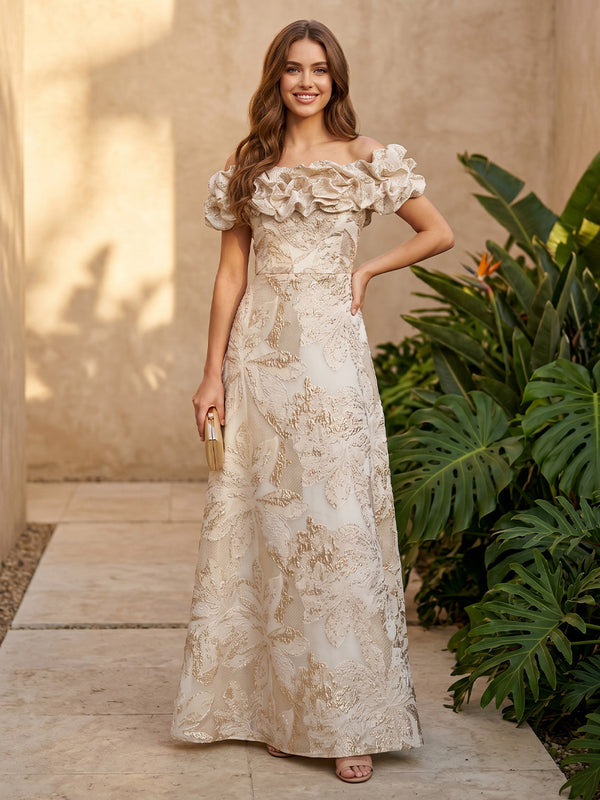 Jacquard A Line Off the Shoulder Corset Ruffles Formal Dresses