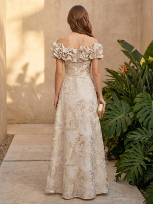 Jacquard A Line Off the Shoulder Corset Ruffles Formal Dresses