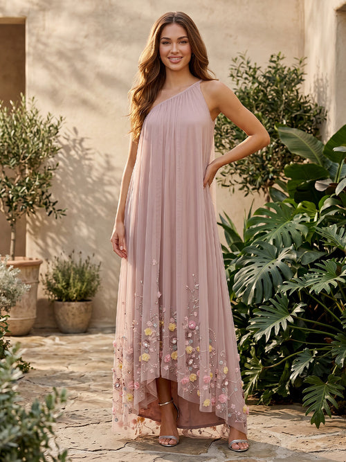 Tulle A Line One Shoulder Pleats 3D Flowers Formal Dresses
