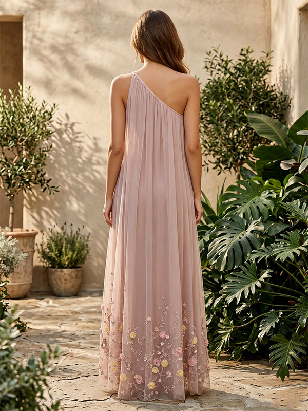Tulle A Line One Shoulder Pleats 3D Flowers Formal Dresses