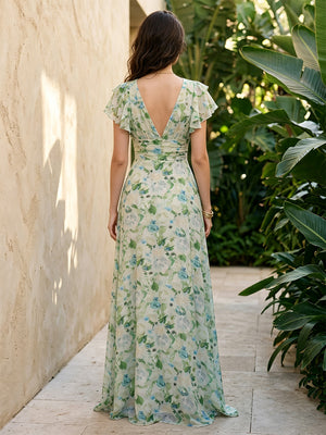 Chiffon A Line V Neck Floral Print Ruffles Formal Dresses