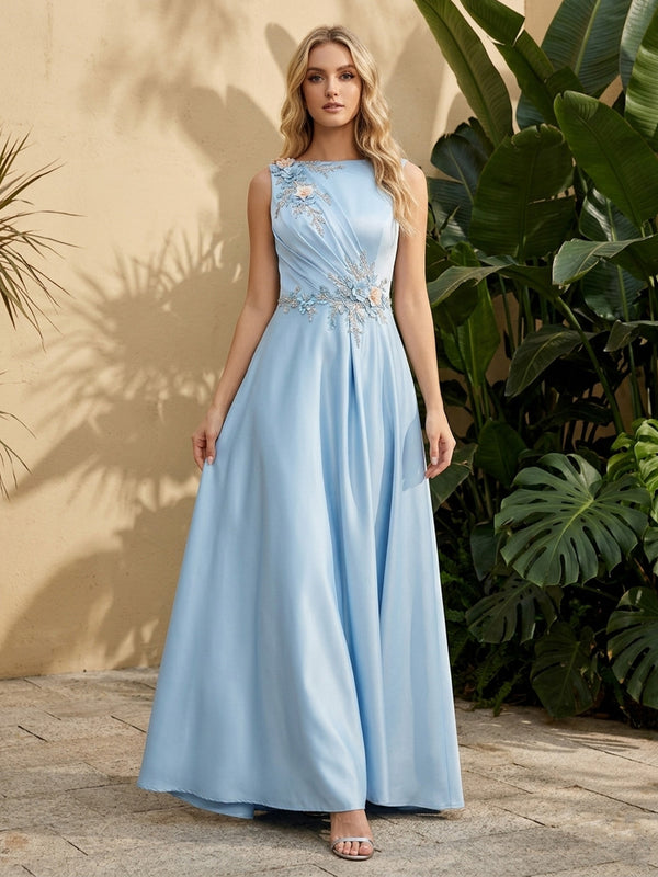 Satin A Line Scoop Neck Lace Appliques Ruched Formal Dresses for Women