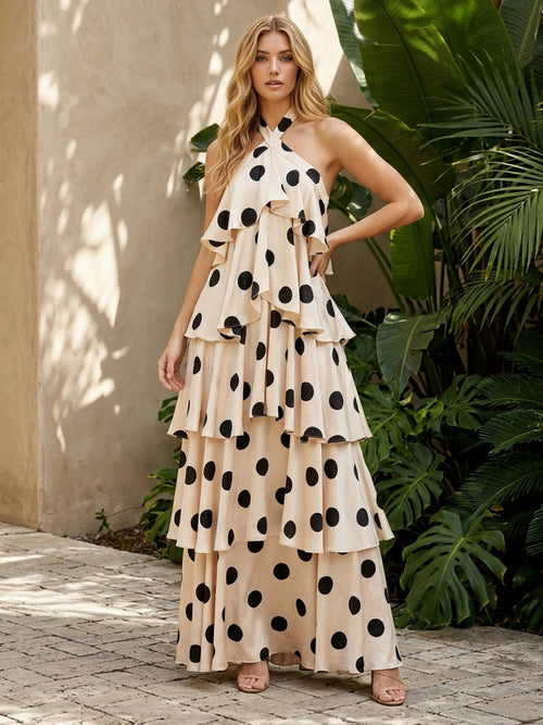 Chiffon A Line Scoop Neck Polka Dot Corset Formal Dresses
