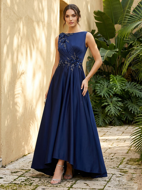 Satin A Line Scoop Neck Ruched Lace Appliques Formal Dresses