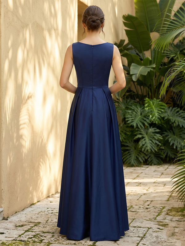 Satin A Line Scoop Neck Ruched Lace Appliques Formal Dresses