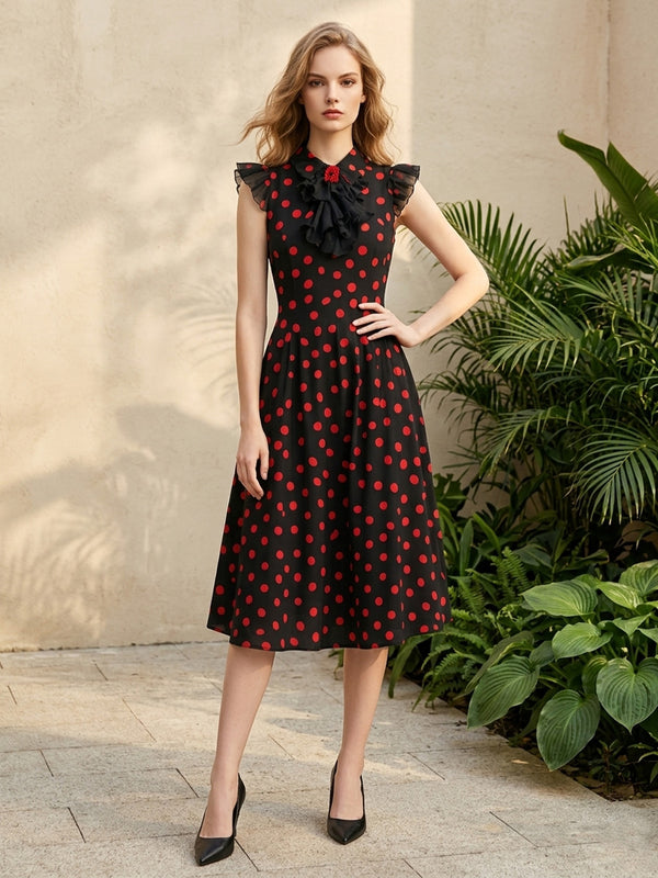 Satin A Line Crew Neck Corset Polka Dot Formal Dresses
