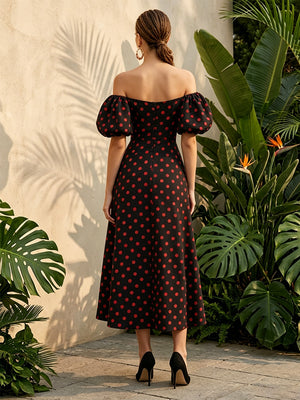 Satin A Line Off the Shoulder Polka Dot Corset Formal Dresses with Slit