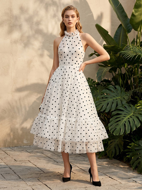 Tulle A Line High Neck Layered Ruched Formal Dresses