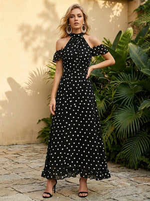 Chiffon A Line Scoop Neck Ruffles Corset Formal Dresses with Polka Dots