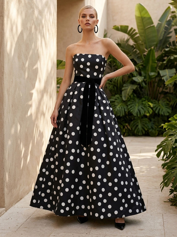 Satin A Line Strapless Corset Polka Dot Formal Dresses