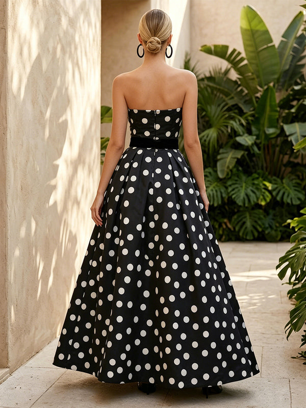 Satin A Line Strapless Corset Polka Dot Formal Dresses