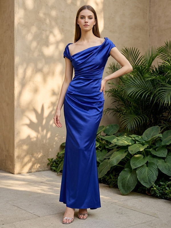 Satin Mermaid Off the Shoulder Ruched Corset Formal Dresses for Women