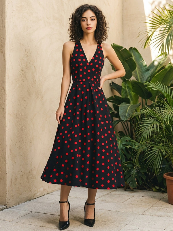 Satin A Line V Neck Polka Dot Corset Formal Dresses for Women