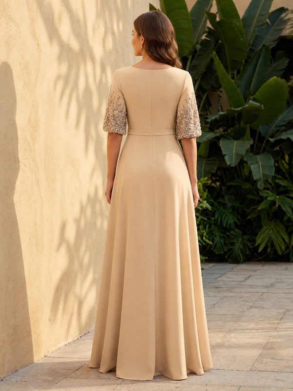 Satin A Line Scoop Neck Ruched Corset Formal Dresses with Beadings