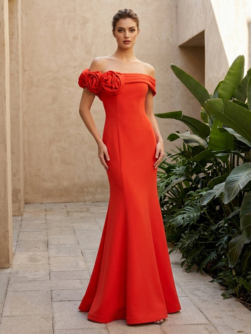 Satin Mermaid Off the Shoulder 3D Flowers Ruched Formal Dresses for Women