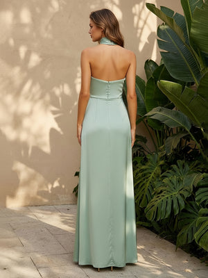 Satin Mermaid High Neck Ruched Twisted Formal Dresses with Slit