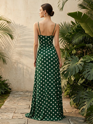 Satin A Line Square Neck Spaghetti Straps Corset Formal Dresses with Polka Dots