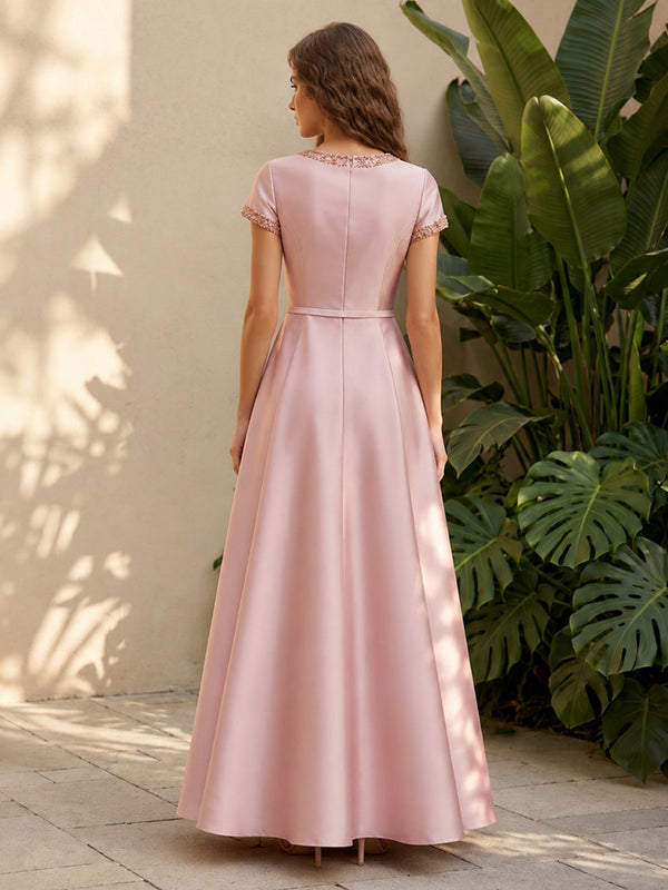 Satin A Line Scoop Neck Ruched Corset Formal Dresses with Beadings