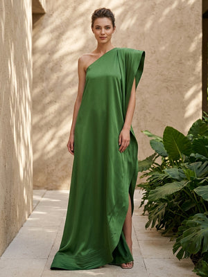Satin A Line One Shoulder Simple Ruffles Formal Dresses for Women