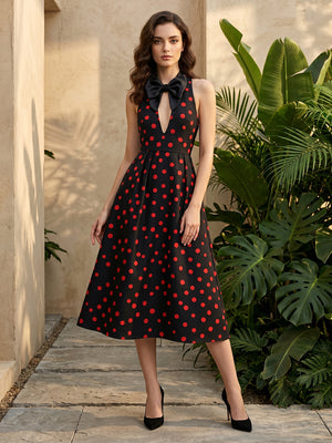 Satin A Line Halter Cut Out Polka Dot Formal Dresses