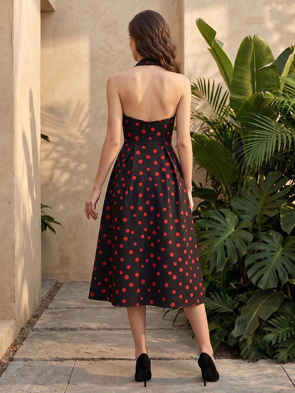 Satin A Line Halter Cut Out Polka Dot Formal Dresses