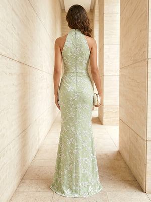 Jacquard Mermaid High Neck Ruched Corset Formal Dresses