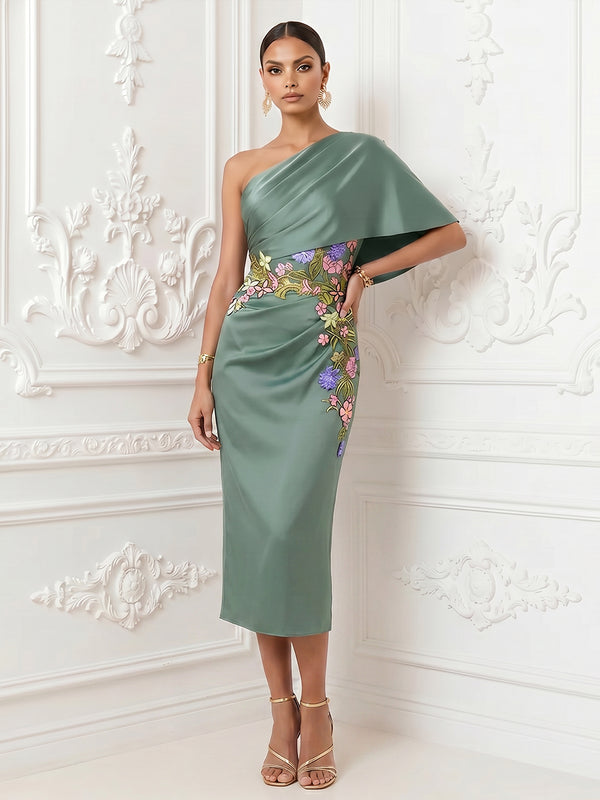 Satin Mermaid One Shoulder Floral Embroidery Ruffles Formal Dresses