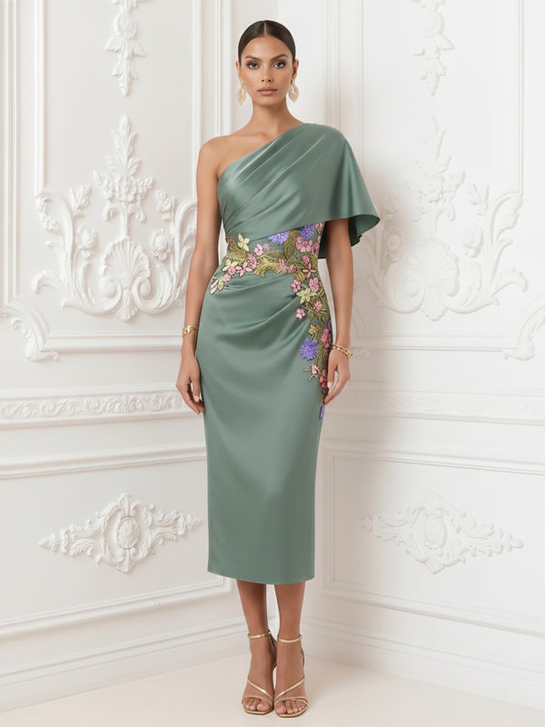 Satin Mermaid One Shoulder Floral Embroidery Ruffles Formal Dresses